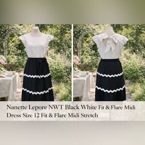 Nanette Lepore NWT Black White Bow Back Dress Size 12 Fit & Flare Midi Stretch